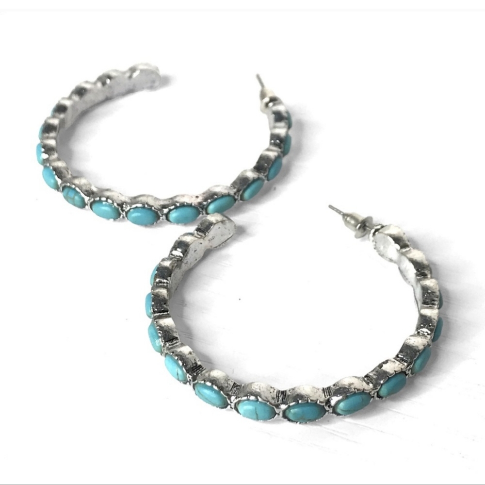 LAST TWO!! Stunning Turquoise and Silver Western Style Hoop Earrings - Picture 2 of 5